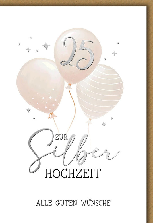 Silberhochzeitskarte Elegant – Pastellballons mit Silberakzenten und Sternen