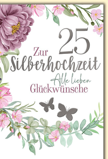 Silberhochzeitskarte Elegant – Pfingstrosen und Schmetterlinge in zarten Pastelltönen