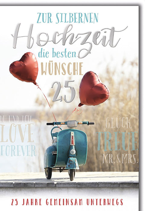 Silberhochzeitskarte Modern – Vespa mit Herzballons und romantischem Schriftzug