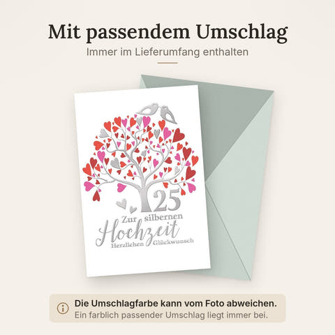 Silberhochzeitskarte Romantisch – Herzbaum mit Tauben und Zahl 25 in Silberoptik