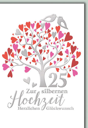 Silberhochzeitskarte Romantisch – Herzbaum mit Tauben und Zahl 25 in Silberoptik