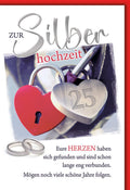 Silberhochzeitskarte Romantisch – Herzschlösser mit Gravur und Ringe in Rot-Silber