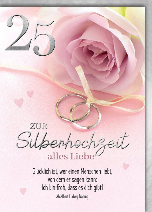 Silberhochzeitskarte Romantisch – Rosa Rose mit Eheringen und Herz - Design