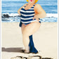 Sommer - Postkarte - Humorvolle Frau im Badeanzug am Strand, Herz & Sonne Illustration