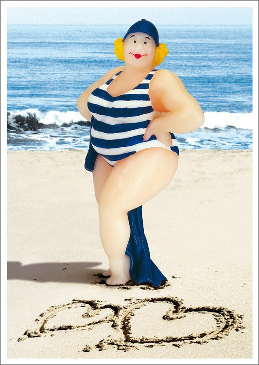 Sommer - Postkarte - Humorvolle Frau im Badeanzug am Strand, Herz & Sonne Illustration