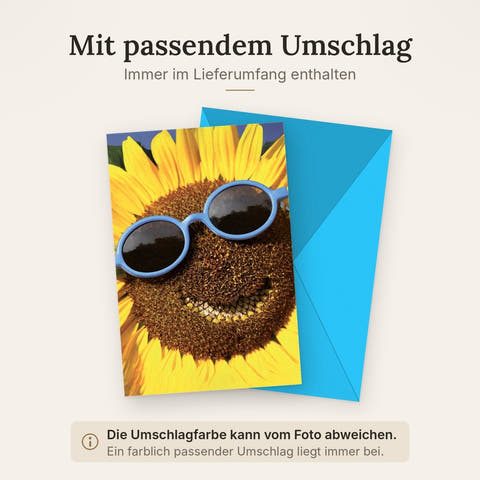 Sommergrußkarte Fröhlich – Sonnenblume mit Sonnenbrille und blauem Rand in 3D-Optik