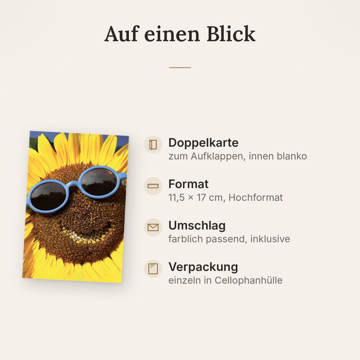 Sommergrußkarte Fröhlich – Sonnenblume mit Sonnenbrille und blauem Rand in 3D-Optik