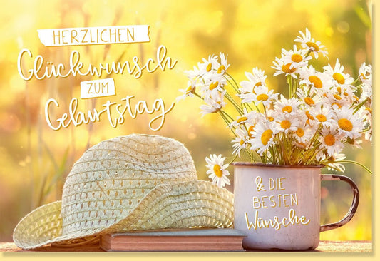 Sommerliche Geburtstagskarte für Frauen & Senioren - Blumen, Tasse & Sonnenhut Motiv im Kamille Design - Gelbe Natur Freundschaft Glückwunsch