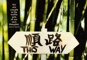 Spirituelle Postkarte - Zen Bambus Meditation, Ruhe & Balance, Naturgrün, Wegweiser Schriftzeichen, Innerer Frieden & Achtsamkeit