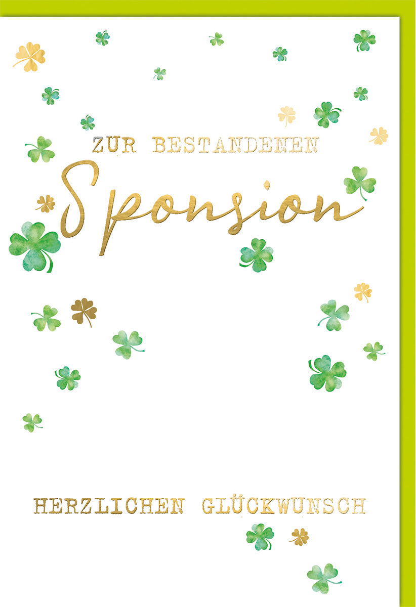 Prüfungskarte Sponsion – Goldene Schrift mit grünen Kleeblättern auf weißem Hintergrund