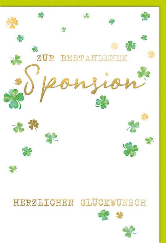 Prüfungskarte Sponsion – Goldene Schrift mit grünen Kleeblättern auf weißem Hintergrund