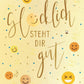 Sprüche Postkarte - "Glücklich" mit Smilies & Gold Konfetti, Gelb, Optimismus & Freude, Motivationsgeschenk für positive Momente