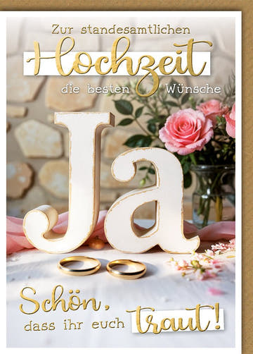 Standesamtliche Hochzeitskarte – "Ja" in Holzoptik mit Rosen und Ringen in Goldakzenten