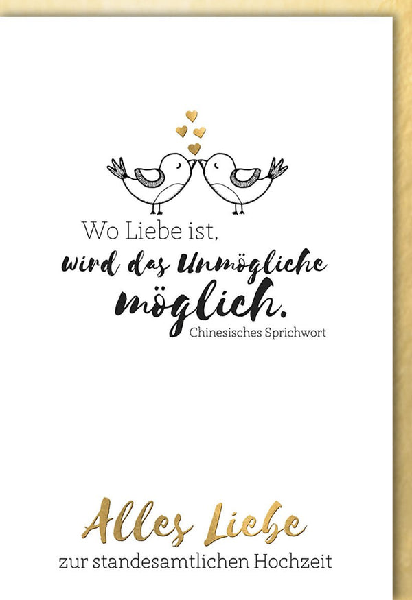 Standesamtliche Hochzeitskarte mit chinesischem Sprichwort, goldgeprägten Herzen & Alles Liebe Schriftzug