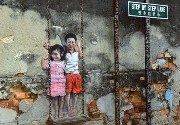 Street Art Postkarte - Kinder auf Schaukel vor Mauerwerk, Urbanes Graffiti, Blanko, Geschwister Outdoor - Erlebnis