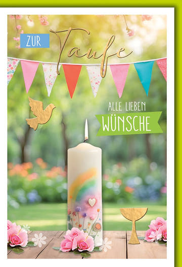 Taufe Glückwunschkarte – Bunte Wimpel mit Regenbogenkerze und Taube im Garten