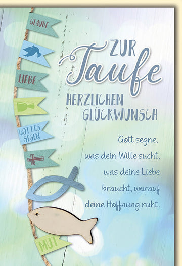 Taufe Glückwunschkarte – Fischmotiv mit Segenswünschen und bunten Fähnchen