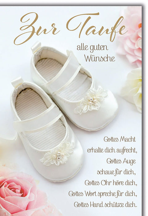 Taufe Glückwunschkarte – Weiße Babyschuhe mit Rosen und Segensspruch in sanften Tönen