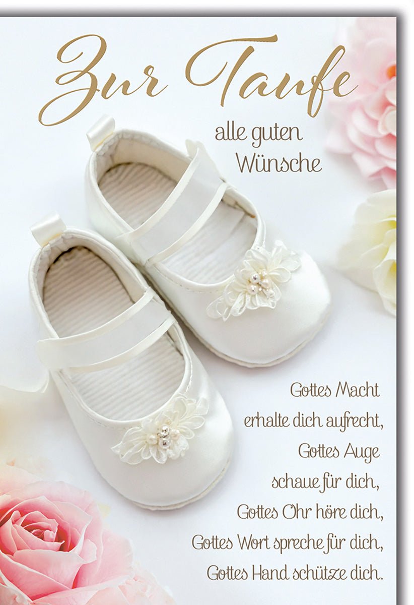 Taufe Glückwunschkarte – Weiße Babyschuhe mit Rosen und Segensspruch in sanften Tönen
