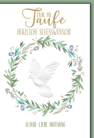Taufe Glückwunschkarte – Weiße Taube mit Blumenkranz und zarten Pastellfarben