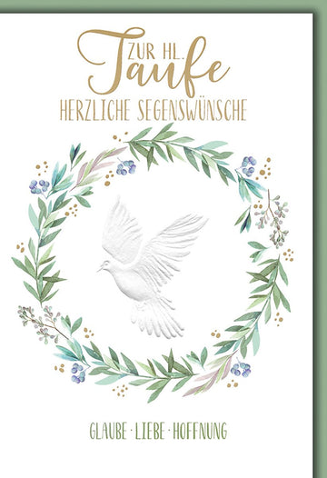 Taufe Glückwunschkarte – Weiße Taube mit Blumenkranz und zarten Pastellfarben