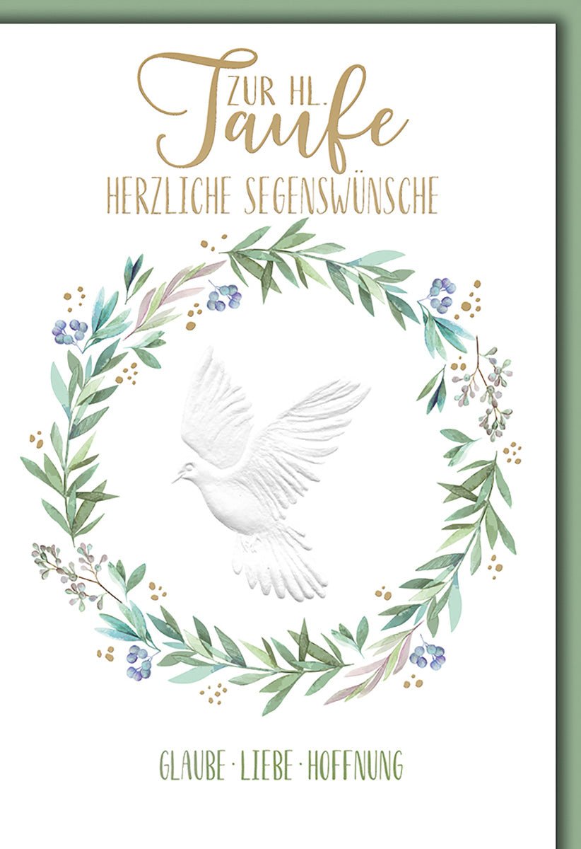 Taufe Glückwunschkarte – Weiße Taube mit Blumenkranz und zarten Pastellfarben