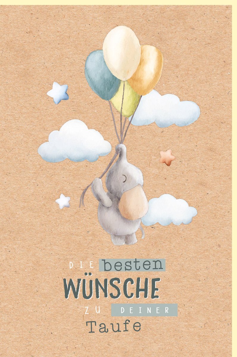 Taufglückwunschkarte: Elefant & Luftballons, neutrale Babykarte im Kinderzeichnung Design auf Kraftpapier für Tauffeier und Geschenk.