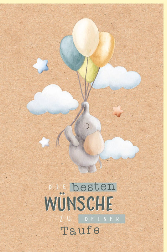 Taufglückwunschkarte: Elefant & Luftballons, neutrale Babykarte im Kinderzeichnung Design auf Kraftpapier für Tauffeier und Geschenk.