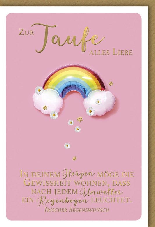 Taufglückwunschkarte für Mädchen - Regenbogenmotiv in Rosa, personalisierbar, christliches Erinnerungsstück für Eltern und Paten
