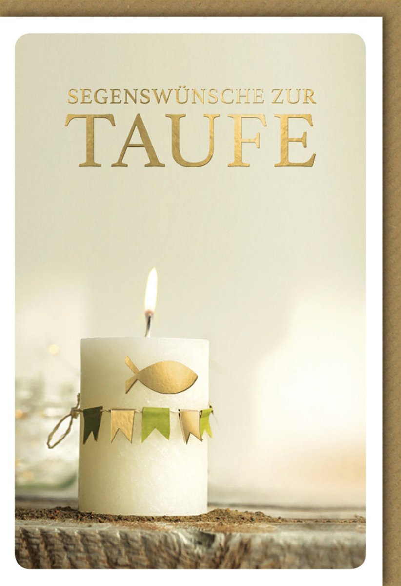 Taufglückwunschkarte in Creme & Gold - Christliches Geschenk mit Kerzen - und Fischsymbol für Patenkind und Eltern