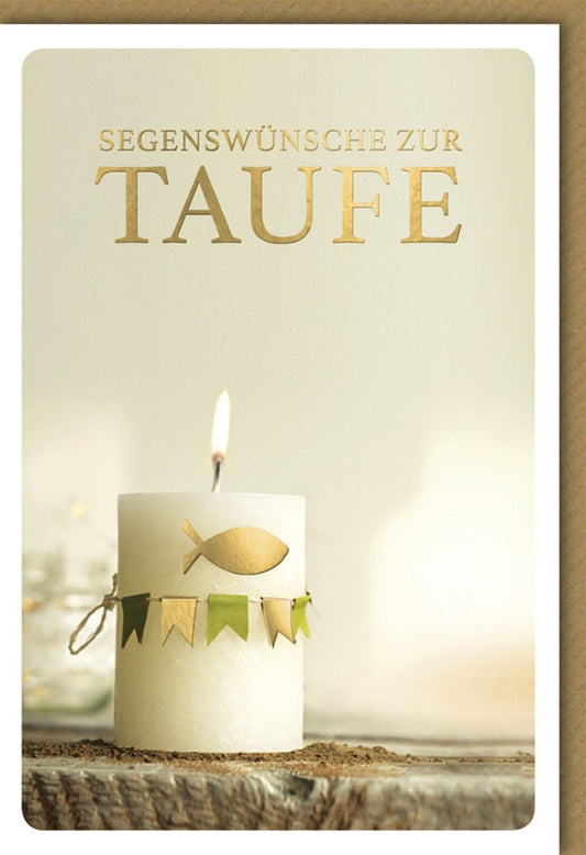 Taufglückwunschkarte in Creme & Gold - Christliches Geschenk mit Kerzen - und Fischsymbol für Patenkind und Eltern