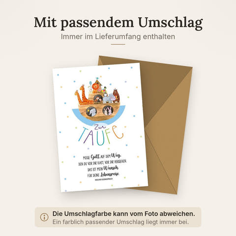 Taufkarte Arche Noah: Aquarell-Tiermotiv mit irischem Segensspruch, bunte Punkte