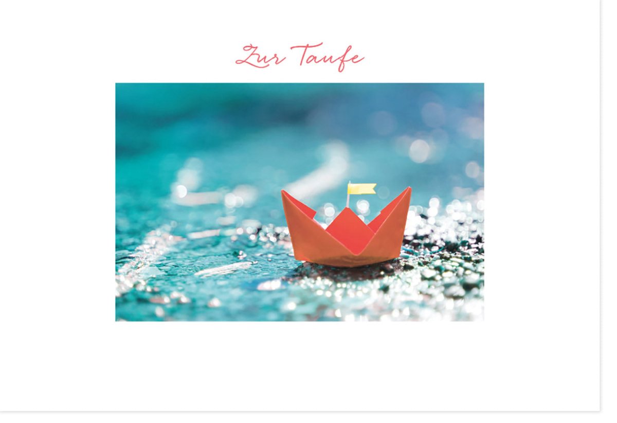 Taufkarte: Elegantes Papierboot - Design mit Wasser - Glitzer, Segenswünsche zur Baby Taufe - Edle Grußkarte für Geschenk und Zeremonie