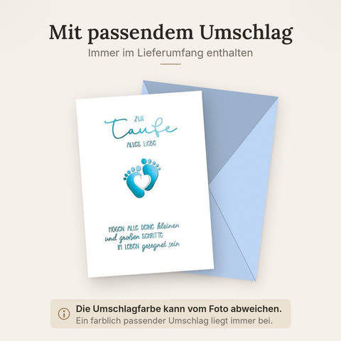 Taufkarte Junge – Blaue Babyfüße mit Herz und Segensspruch in modernem Design