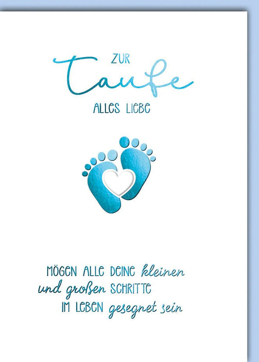 Taufkarte Junge – Blaue Babyfüße mit Herz und Segensspruch in modernem Design