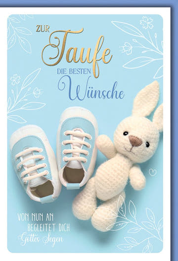 Taufkarte Junge – Blaue Babyschuhe mit Häkelhase und floralen Akzenten