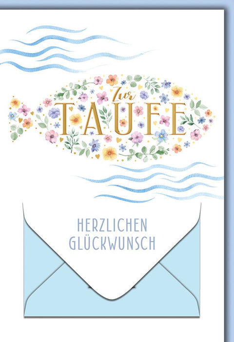 Taufkarte Mädchen – Blumenfisch mit Wellen und zartem Aquarell - Design