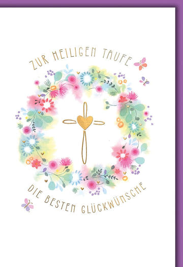 Taufkarte Mädchen – Blumenkranz mit goldenem Kreuz und Schmetterlingen in Aquarell