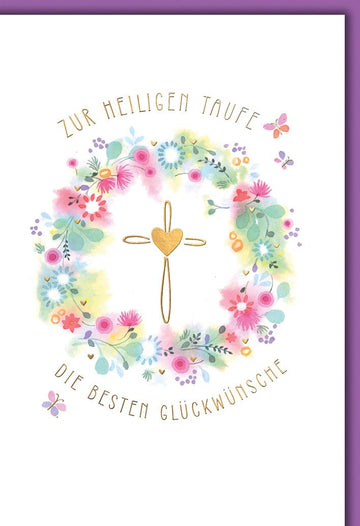 Taufkarte Mädchen – Blumenkranz mit goldenem Kreuz und Schmetterlingen in Aquarell