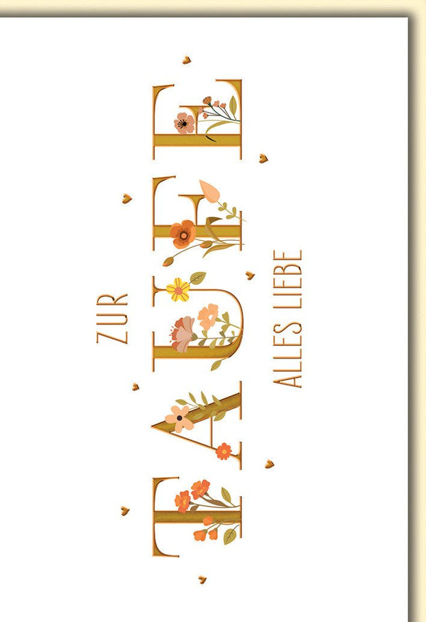 Taufkarte Mädchen – Florale Buchstaben mit zarten Blumen und Herz-Details