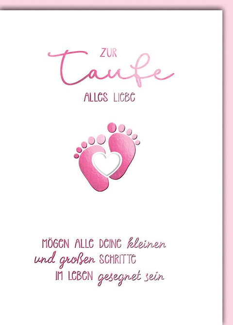 Taufkarte Mädchen – Rosa Babyfüße mit Herz und Segenswunsch in zartem Design