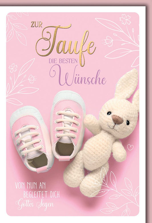 Taufkarte Mädchen – Rosa Babyschuhe und Häschen mit floralen Akzenten und Segensspruch