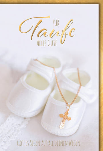 Taufkarte Mädchen – Weiße Babyschuhe mit goldener Kreuzkette und Segensspruch