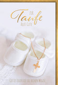 Taufkarte Mädchen – Weiße Babyschuhe mit goldener Kreuzkette und Segensspruch