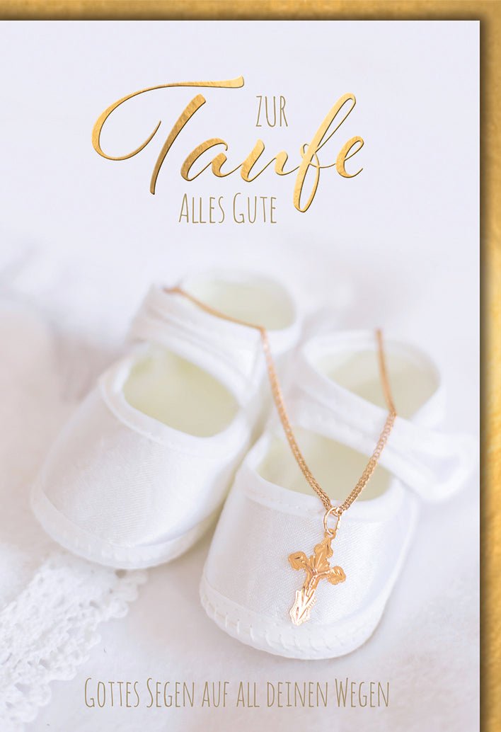 Taufkarte Mädchen – Weiße Babyschuhe mit goldener Kreuzkette und Segensspruch