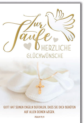 Taufkarte Mädchen – Weiße Babyschuhe mit Kreuzkette und Psalm 91,11 in Goldschrift