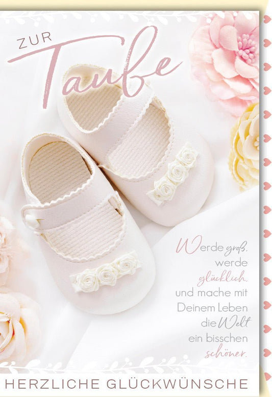 Taufkarte mit Baby - Schuhen in Rosa & Weiß - Blumiges Design für christliche Tauffeiern