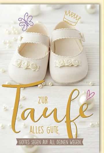 Taufkarte mit Babyschuhen, Krone und Schmetterling – Gottes Segen auf all deinen Wegen