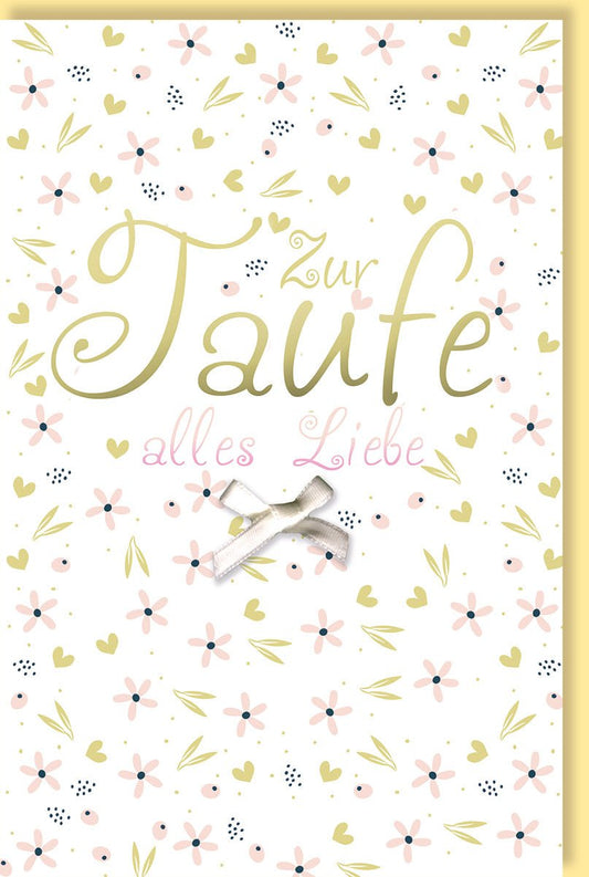 Taufkarte mit Blumenmuster und Schleife - Elegante Glückwunschkarte zur Babytaufe in Pastellfarben