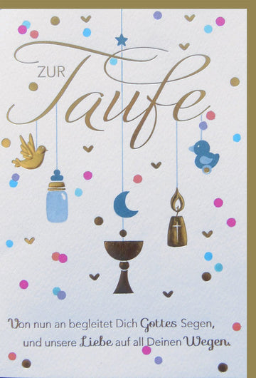 Taufkarte mit bunten Symbolen: Taube, Taufkerze, Fläschchen und Mond für besondere Glückwünsche zur Taufe.